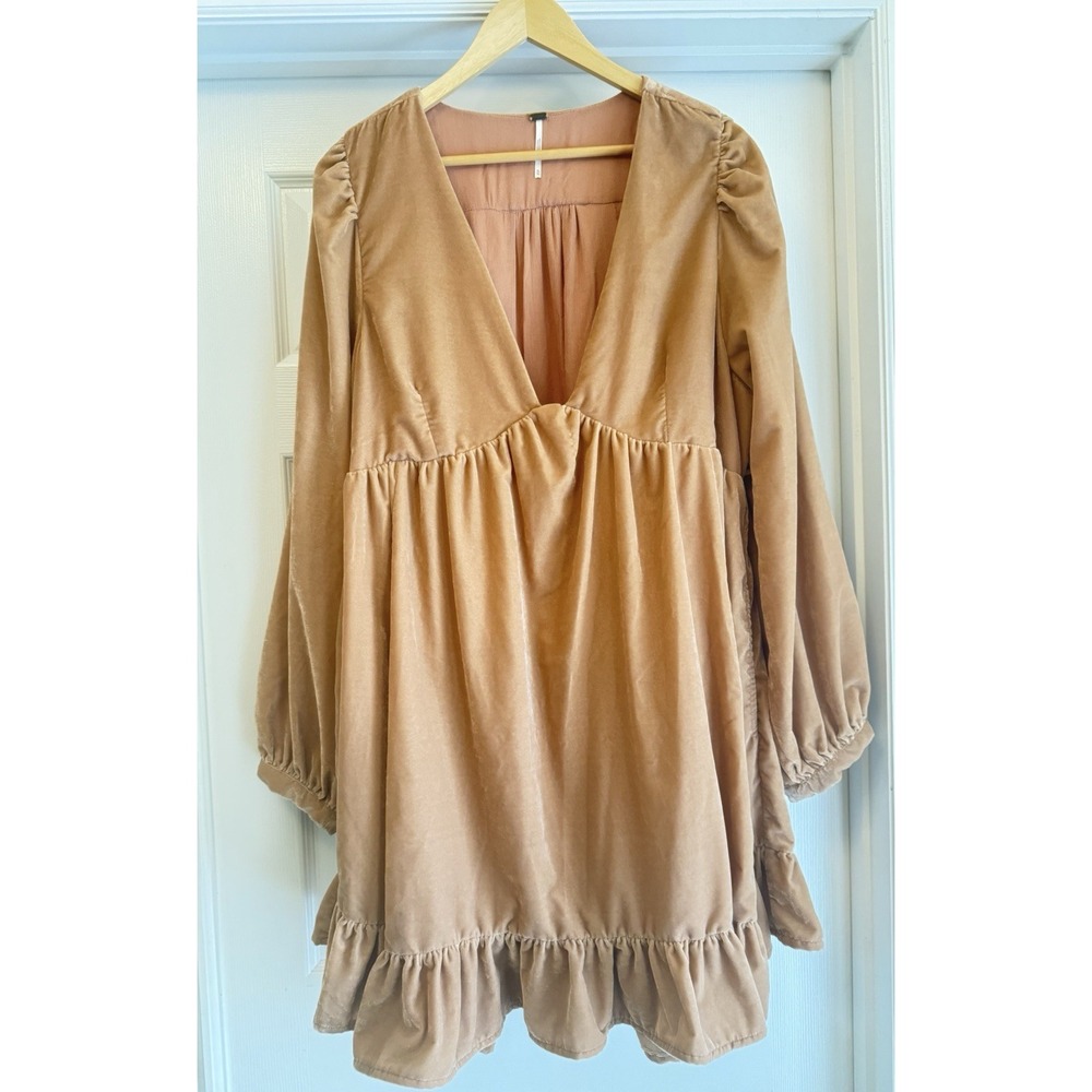 Free People Mini Dress Womens XL Tan Velvet Deep V-Neck Ruffle Babydoll Balloon
